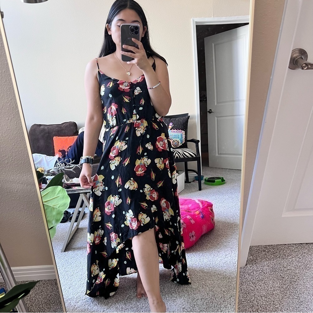 Yumi Kim Black Silk Floral High Low‎ Midi Dress XS​​​​​​​​​​​​​​​​​​​​